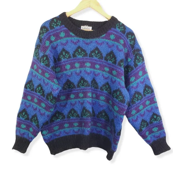 Vintage Gallagher Large Blue/Purple Geometric Cozy, Fuzzy, Knit Sweater GUC - Image 2