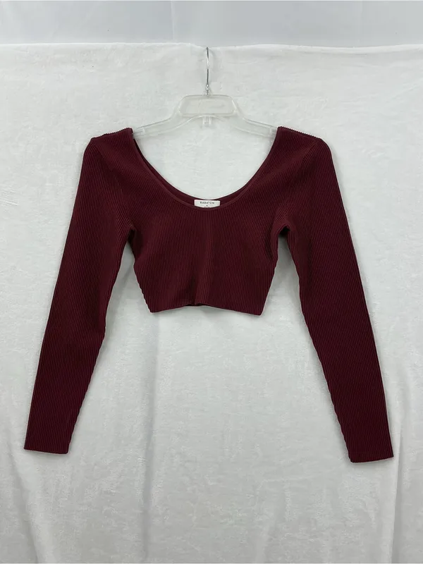 Babaton Off-the-Shoulder Ribbed Crop Sweater in Burgundy 1155 - Image 2