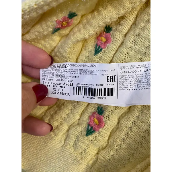 MANGO Flowers Knit Cardigan in yellow with tiny embroidered pink flowers sz. XL - Image 9