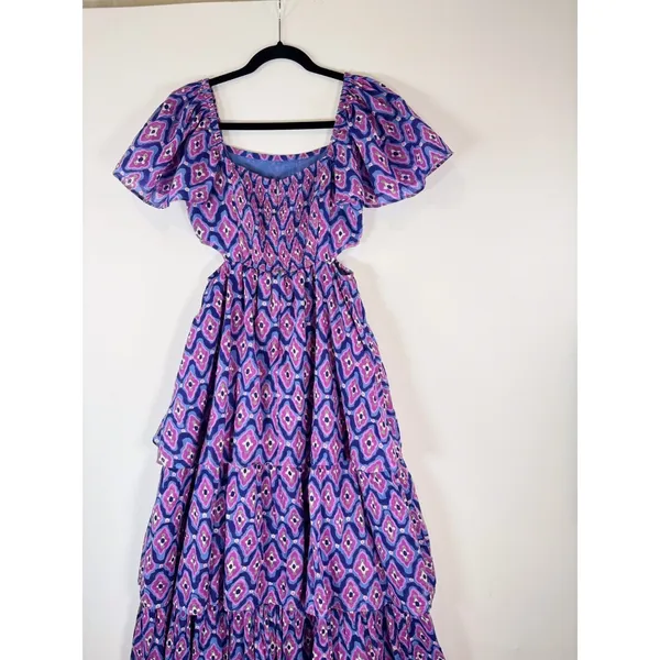 Banjanan Dress Purple Bonnie Maxi Floral Layered Cutout Fit Flare Boho Small - Image 9