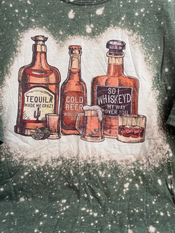Gildan Green Bleach-Splatter Tee with Whiskey & Bottle Graphic - Image 2