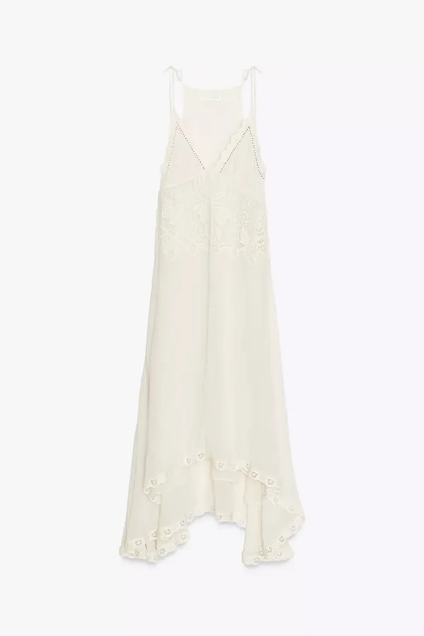 Zara Elegant White Lace Trim Dress beads cream boho hippie summer beach - Image 9