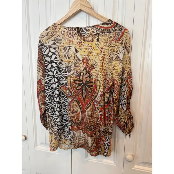 Chico’s‎ Brown And Orange Ruched Sleeve Top Size 2 (Large) - Image 2