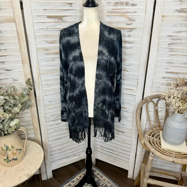 XCVI Women's L Cotton Fringe Open Crochet Knit Cardigan Sweater Bleached Tie Dye - Image 3