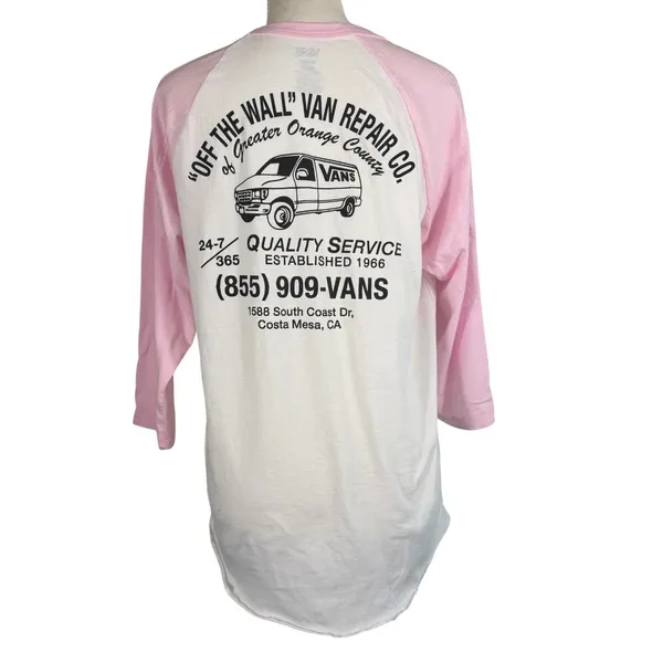 Vans Off The Wall Van Repair Co Raglan Tee Womens M Pink White Graphic Cotton - Image 6