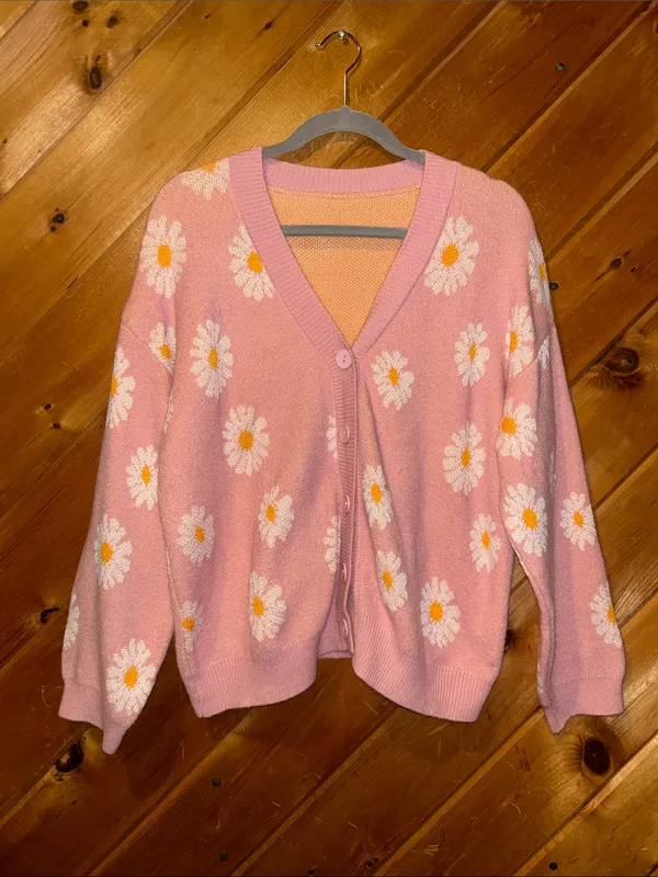 SheIn Hot pink Daisy floral print open front button cardigan sweater - Image 5