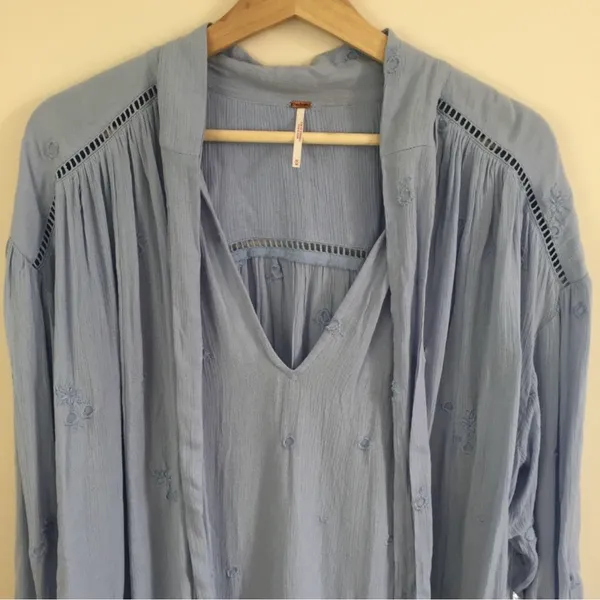 Free People Light Baby Blue Wishful Moments Tie Neck Tunic Top NEW - Image 6