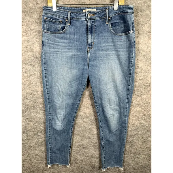 Women's LEVI'S 721 High Rise Skinny Cropped Jeans Size 32 Zip Blue Fringe‎ - Image 2