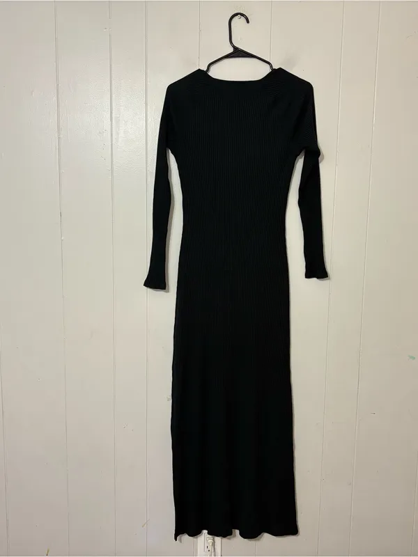 Aerie Ribbed Tie Front Maxi Dress Black Long Sleeve Knit Size S NWT - Image 14