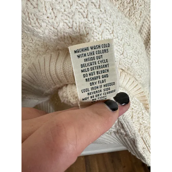 LL Bean Womens‎ Cream Cotton Textured Diamond Knit Crewneck Sweater 290401 Large - Image 5