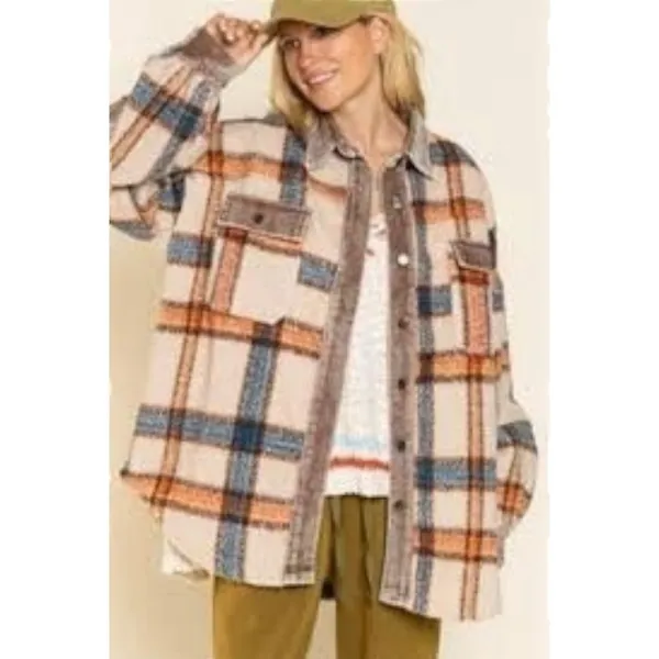 POL Collared Button Down Plaid Shacket Size L Beige Blue Orange - Image 7