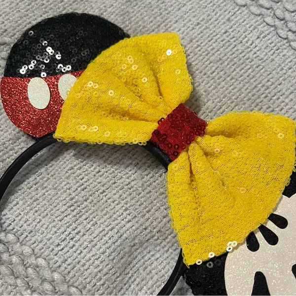 Mouse Ears Sequin Headband Yellow Bow Red Polka Dot White Glove Costume - Image 2
