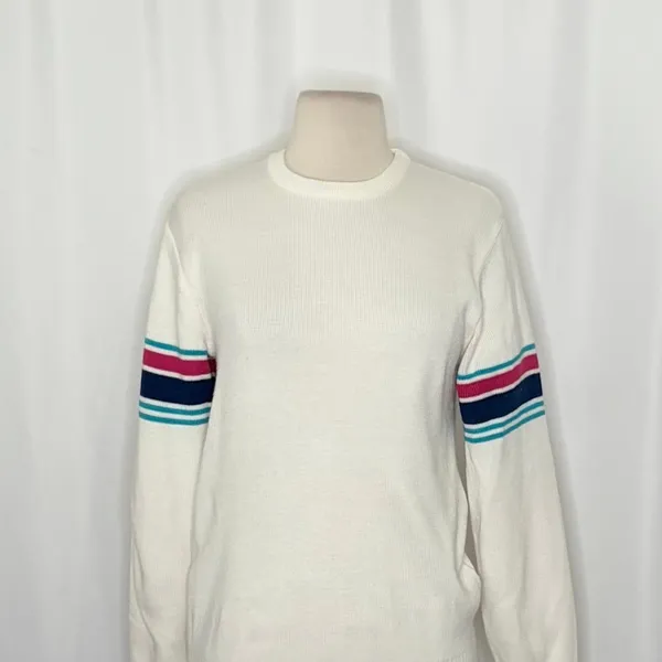 Vintage MEISTER White Stripe Sleeves Sweater Pullover Knit Sporty Outdoors Small - Image 3
