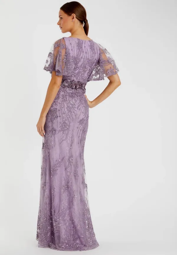Mac Duggal Purple Embellished Flutter Sleeve Evening Gown - Image 2