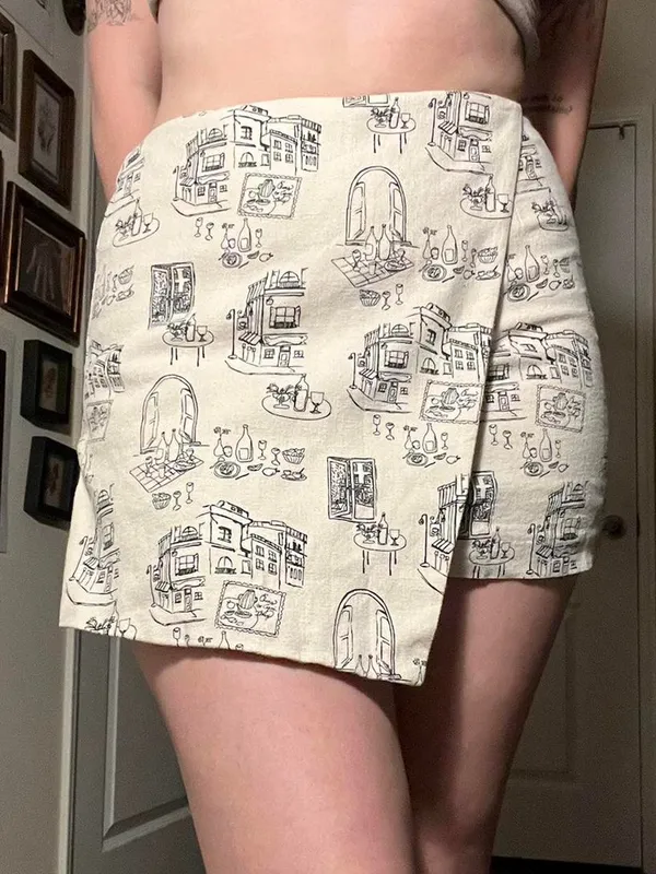 Abercrombie & Fitch Cream Linen Printed Mini Skirt with Sketch Print Medium - Image 6