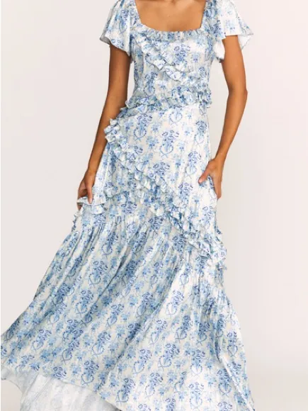 LoveShackFancy Kenya Ruffled White and Blue Floral Maxi Dress Size 2 - Image 2