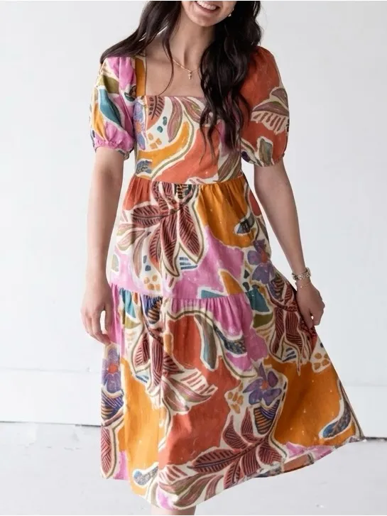 Vibrant Tropical Abstract Print Puff Sleeve Tiered Dress Square Neck Size XS - Image 12
