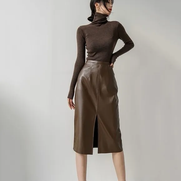 PU Leather Skirts for Women High‎ Waist Fall Straight Elegant Split Midi Skirts - Image 2