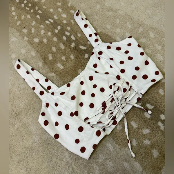 Abercrombie & Fitch BNWOT white brown polka dot crop front tie tank top women L - Image 4