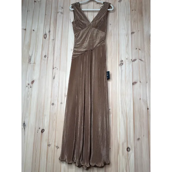 NWT Lulus Renee Light Brown Satin Plisse V-Neck Maxi Dress Gala Banquet Size S - Image 2