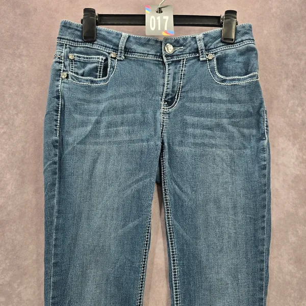 Blue Embroidered Stud Rhinestone Straight Leg Stitch Denim‎ Pants Jeans 10 - Image 3