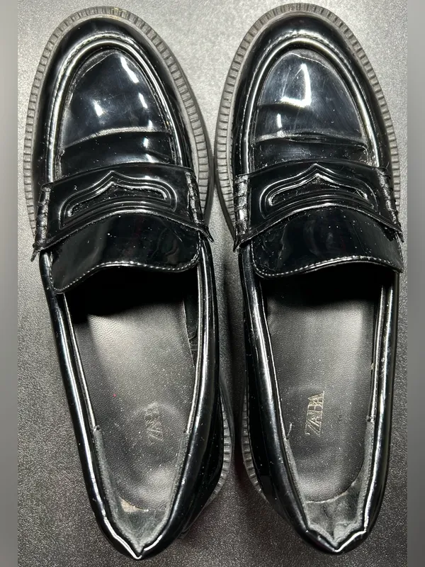 Zara Size 37/6.5–7 Black Patent Leather Chunky Heel 90s Y2K Penny Loafers - Image 4