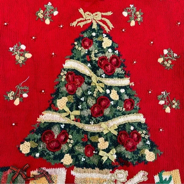 Vintage Tiara Petites Red Ugly Christmas Sweater Holiday Tree Winter Medium - Image 3