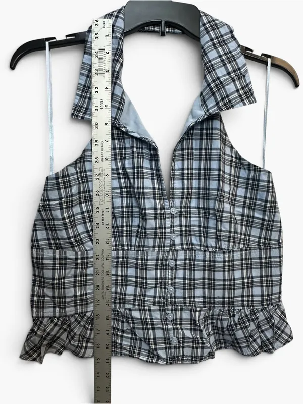 Hollister Blue Plaid Halter Peplum Top Women’s M Button Front Ruffle Y2K - Image 7