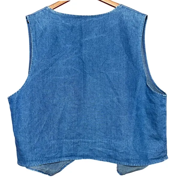Vintage Women XL Patchwork Denim Vest Blue‎ Folk Art House Applique Artistic - Image 2