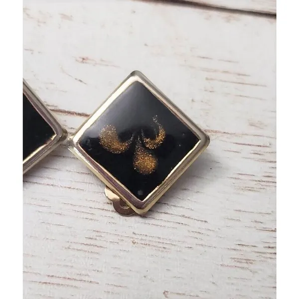 Vintage Clip On Earrings Diamond Shape Black with Dark Gold Pattern 7/8" - Image 3