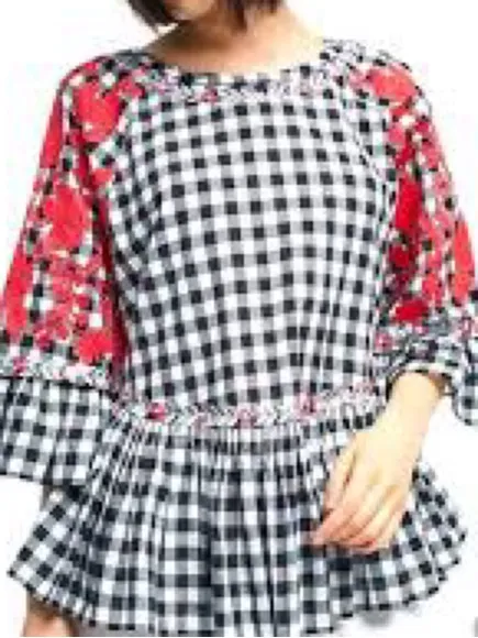 Anthropologie Panknj & Nidhi Tunic Women Medium Black Gingham Red Floral Peplum - Image 10