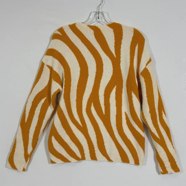 Ann Taylor Womens S Mustard Yellow Cream Zebra Print Fuzzy Crewneck Sweater - Image 6