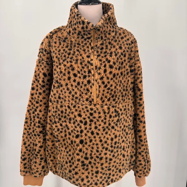 Billabong Faux Fur Leopard Pullover 1/2 Half Zip Sweater Size XL - Image 2