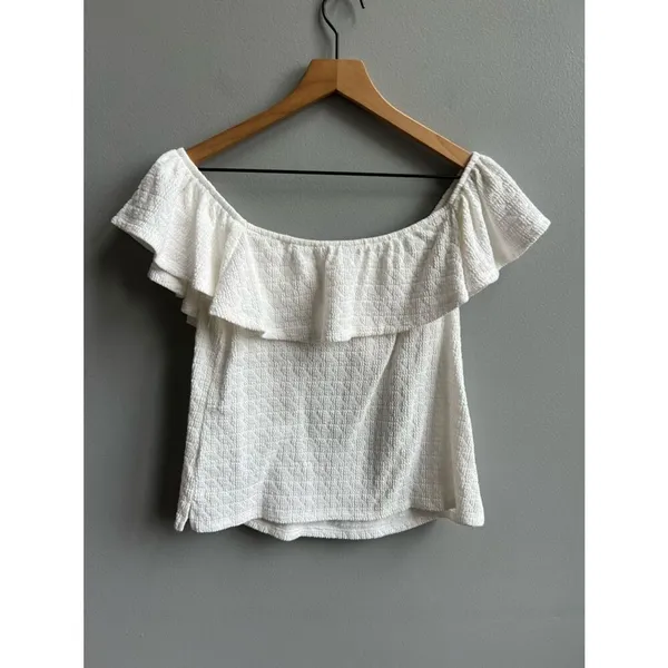 Anthropologie Textured Off The Shoulder Ruffle Top Size Small White - Image 7