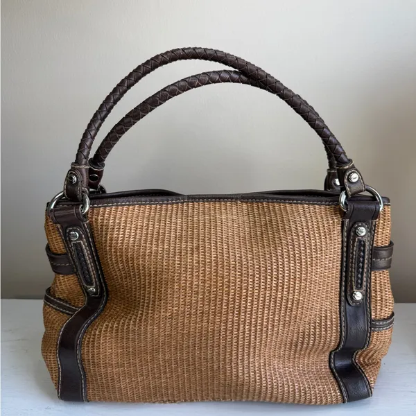 Vtg Fossil Raffia & Brown Leather Braided Handles Boho Spring Satchel - Image 3