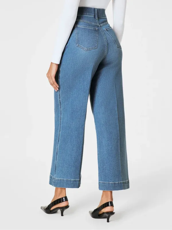 SPANX EveryWear Cropped Wide Leg Jeans in Stonewash Blue Size Large - Image 2