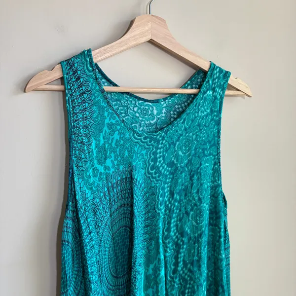 Vintage boho sleeveless turquoise flowy midi dress women's size M full skirt - Image 2