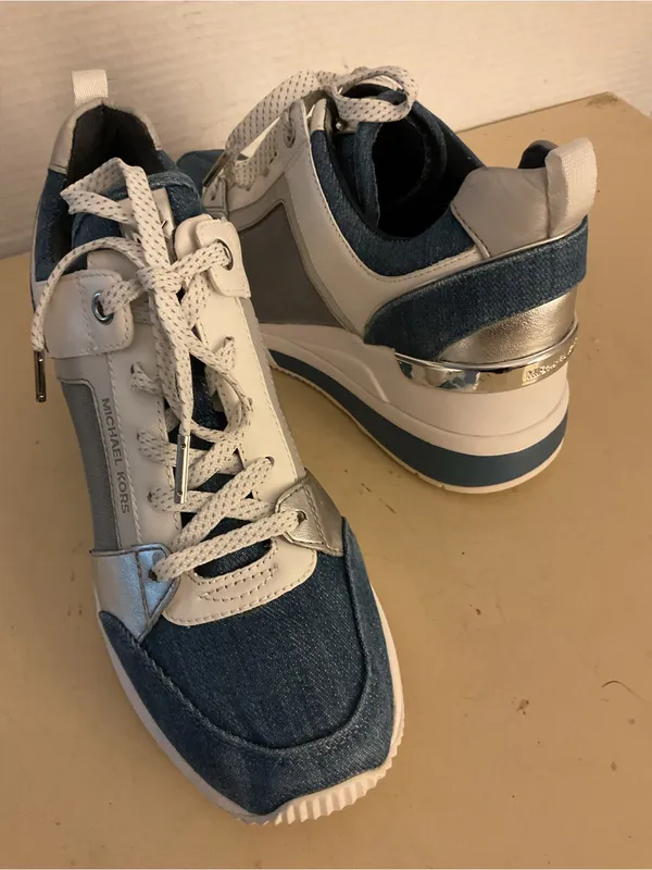 Michael Kors women denim and White leather platform Georgie trainer sneakers 7 - Image 9