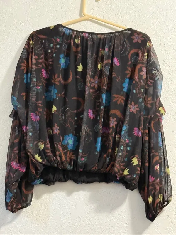 Free People Black Wildflower Floral Print Mesh Blouse Shirt Size S oversized - Image 2