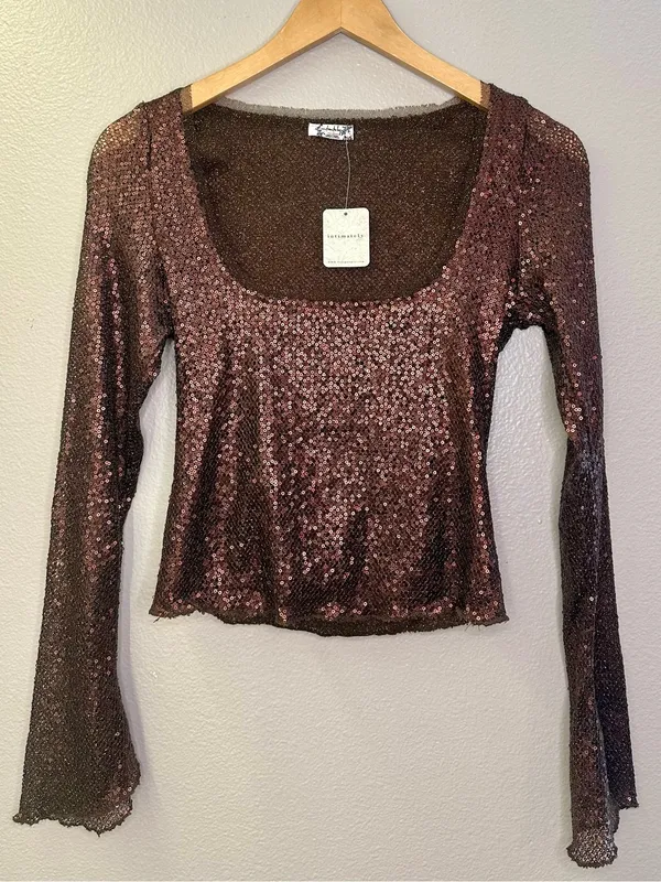 NWT Free People Intimately Late Night Disco Layering Top Sequin Hot Fudge Brown - Image 7