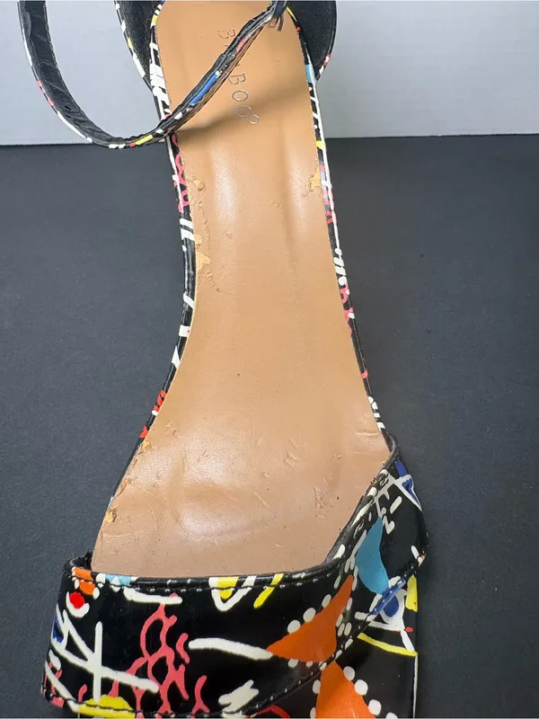 Block Heels BAMBOO Black Multi-Color Graffiti Ankle Strap Sandals - Image 8