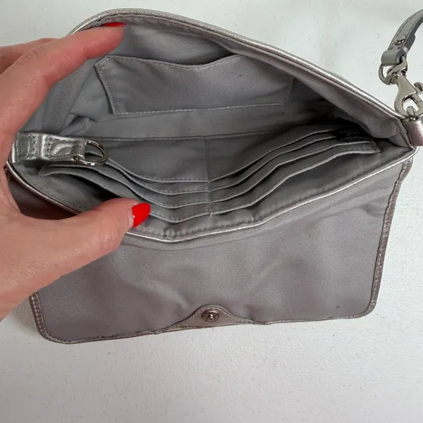 Coach Small Ashley Baguette Clutch Metallic Silver Leather Pleated Logo Y2K - Image 9