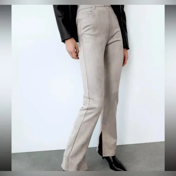 ZARA Faux Suede Pants Ankle Slit Flare Dove Gray Sz 6 Classic City Fall Neutral - Image 7