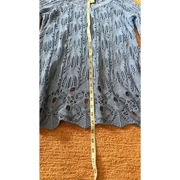Nouveaux Blue Open Knit Lace Sweater Size L Bell Sleeve Cotton Boho - Image 4