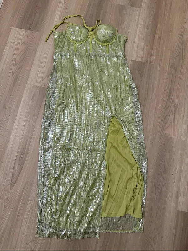 Green Sequin Halter Midi Dress with Side Slit Size XL - Image 4