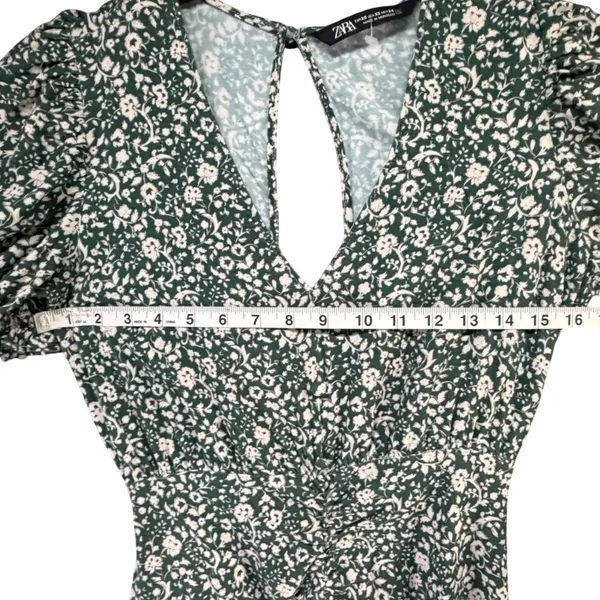 Zara Floral Green‎ Gathered Midi Dress V-Neck Puff Sleeve Cottagecore Prairie XS - Image 6