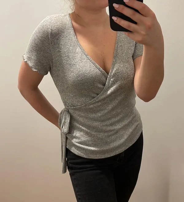 Caution to the Wind Asymmetrical Self-tie Gray Top - Image 3