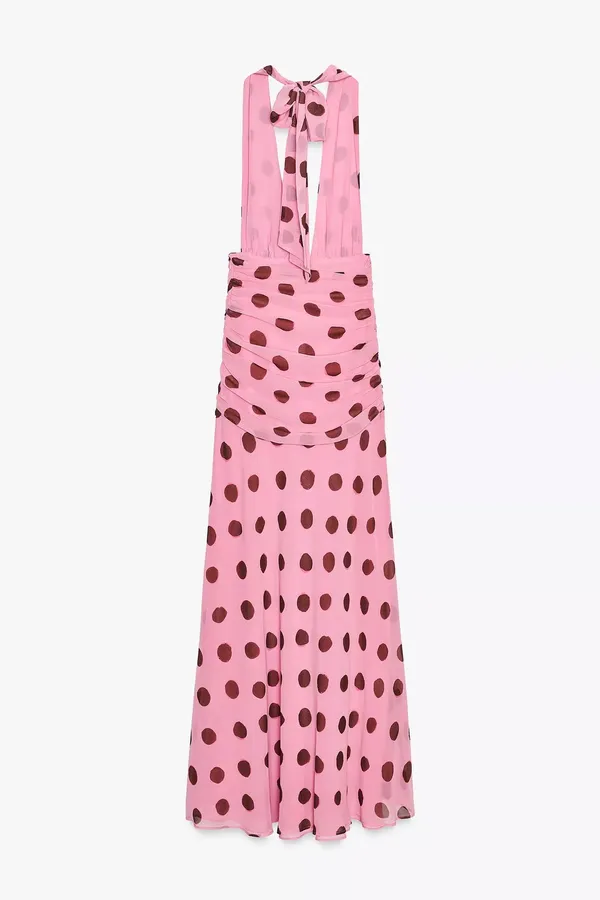Zara Pink Polka Dot ruffled Maxi Dress bohemian summer vacation bodycon - Image 7
