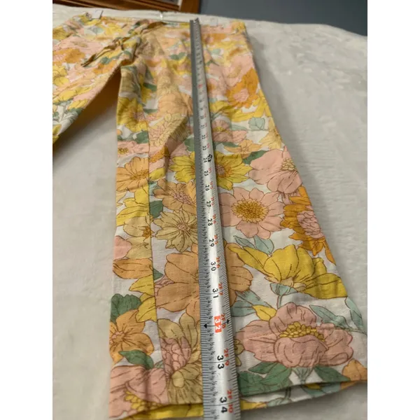 Insense Floral Linen Blend Pants Womens 26 Yellow Pink Retro Drawstring Straight - Image 3