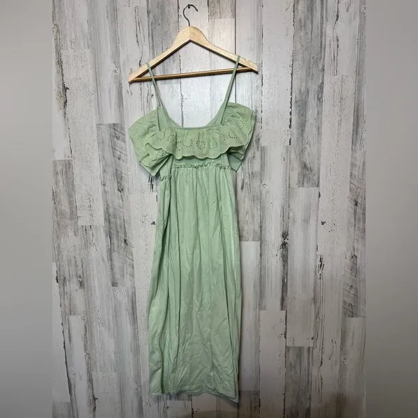 ZARA Green Eyelet Ruffle Maxi Dress Small Off Shoulder Cottagecore Summer - Image 7